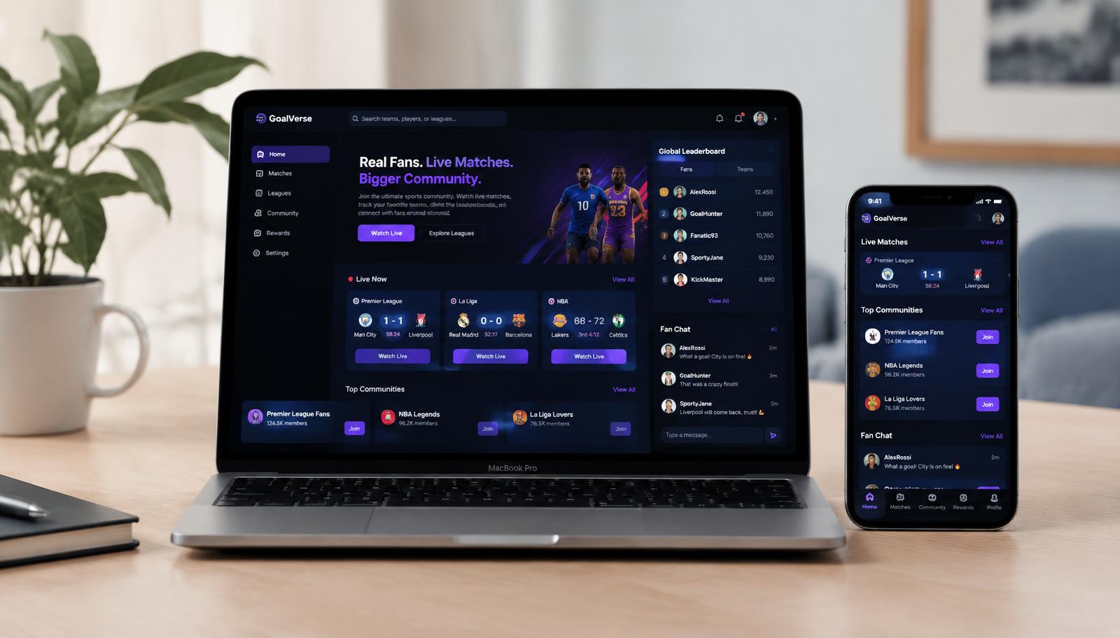 Rooter sports community app shown on a laptop and smartphone